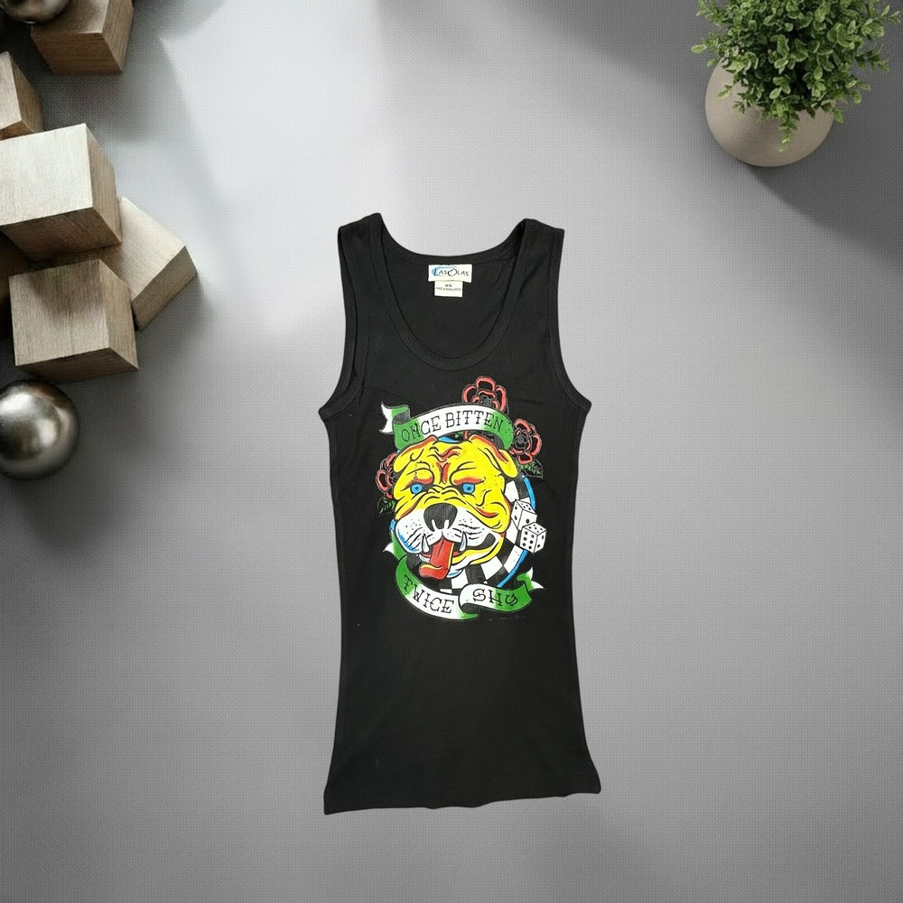 Vintage Las Olas Bulldog Graphic Tank Top Black Y2K Streetwear XS Once Bitten‎